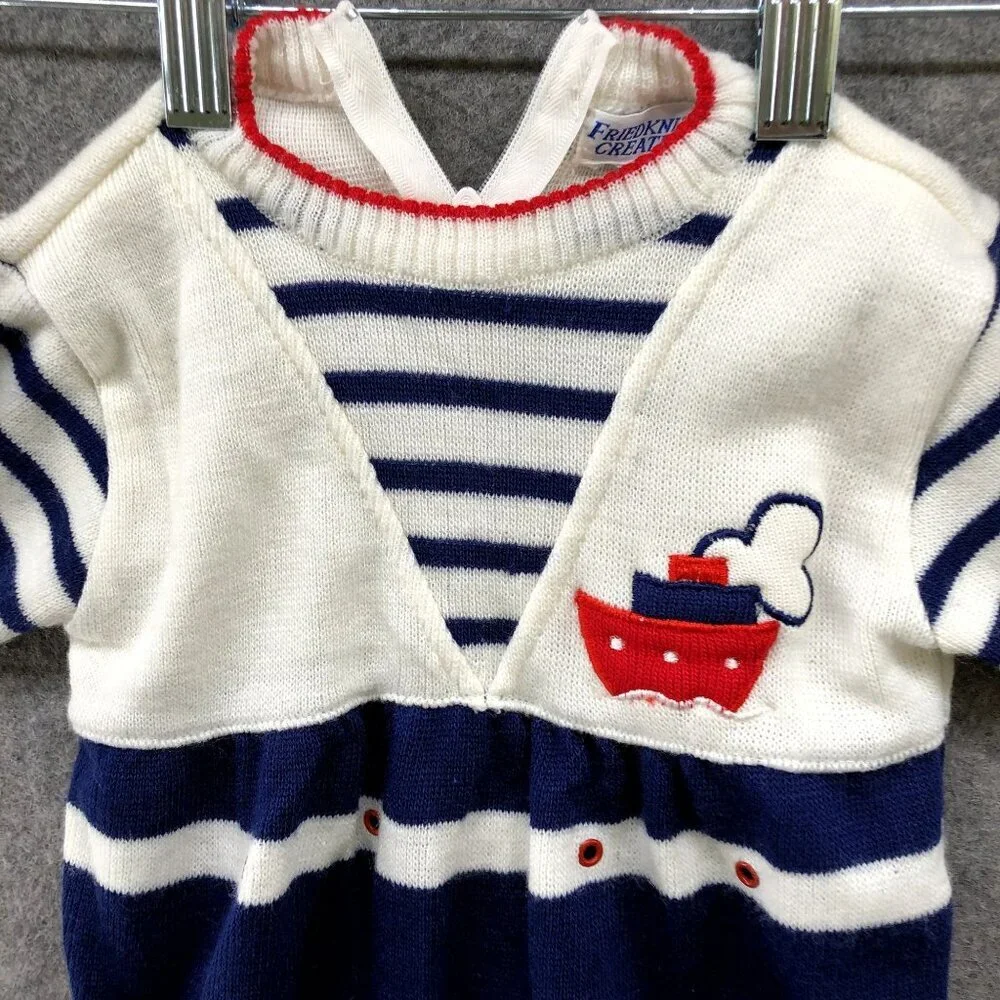 Vintage Friedknit Creations Knit Romper One Piece Baby 6-12M Sailor‎ Nautical